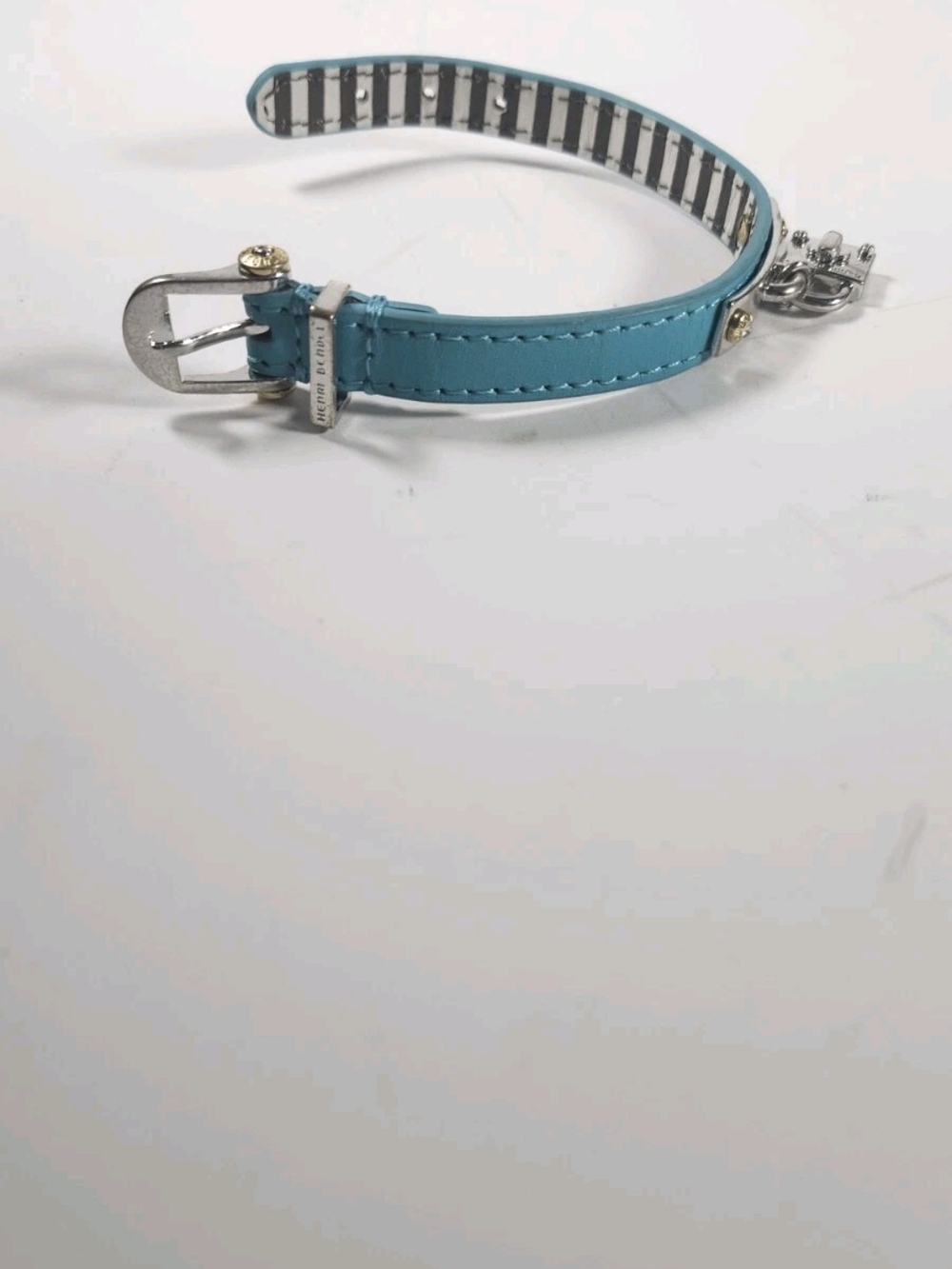 Henri Bendel Vintage Silver Tone Leather Lock Logo Bracelet Turquoise Blue - Picture 7 of 16